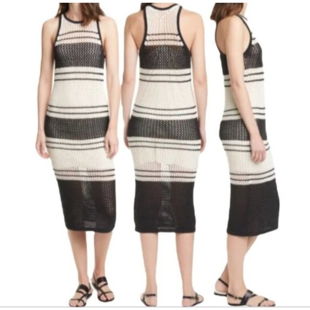 Frame Dress Size Small Ivory Black Stripped Open Knit Midi